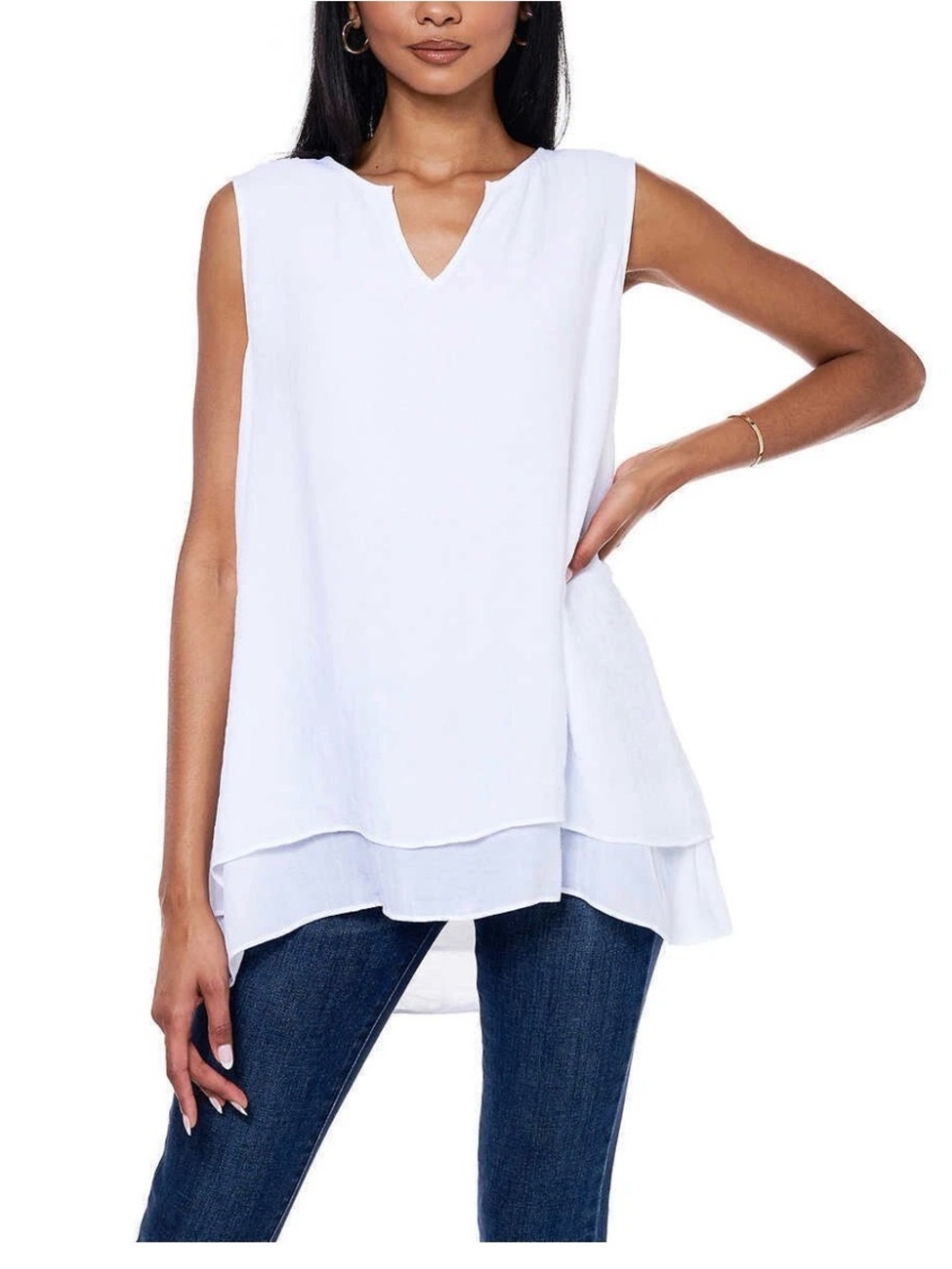 Cristina B White Sleeveless Layered V-Neck Tank, Sz M